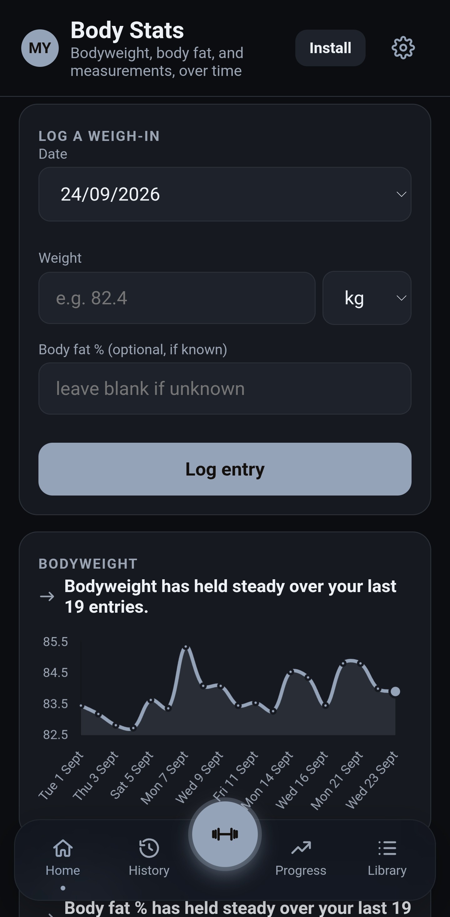 Body Stats screen — body fat percentage held steady over 19 readings, with a full history of bodyweight and body fat logged by date