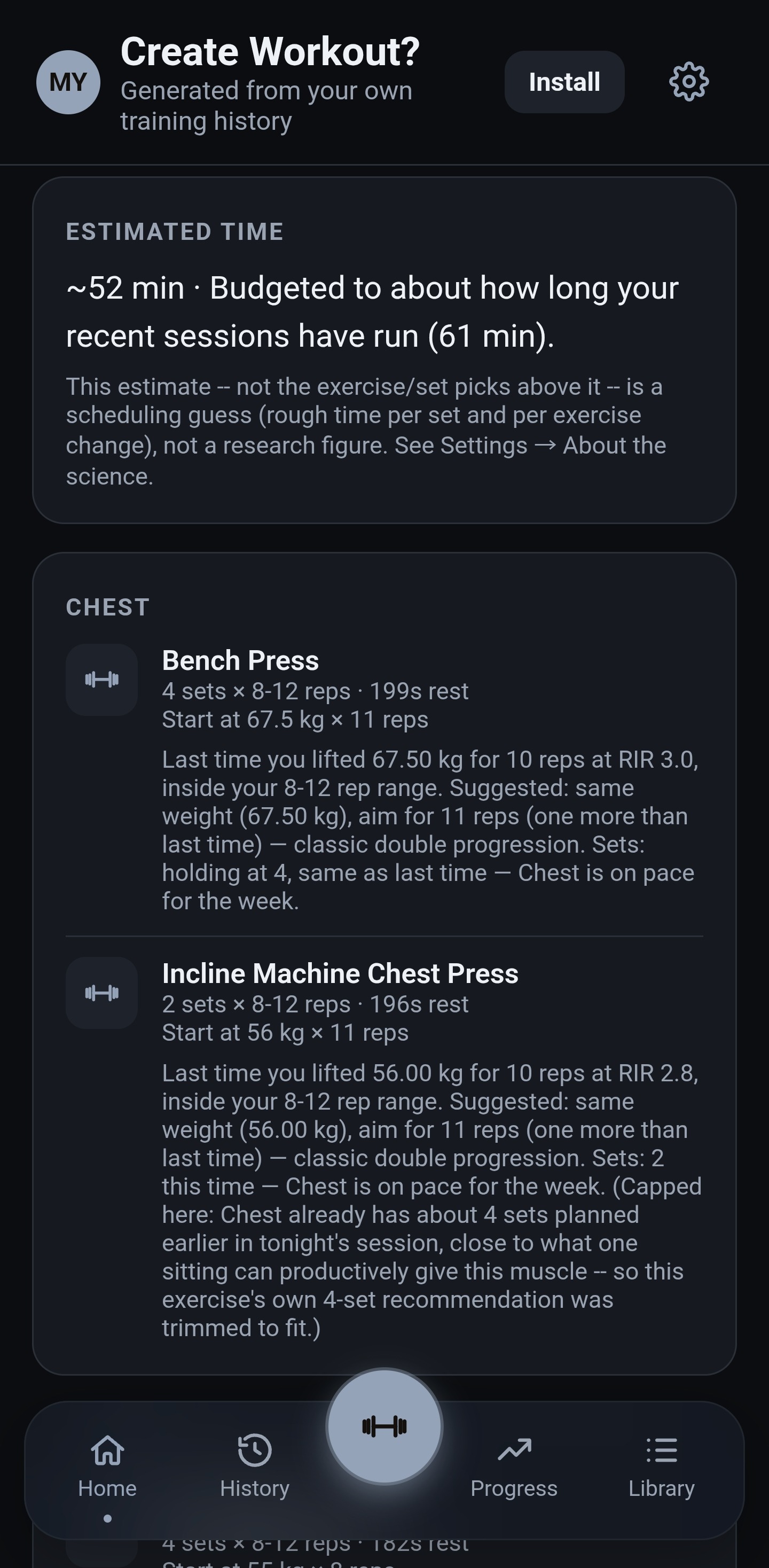 Create Workout screen generated from training history — Bench Press and Incline Machine Chest Press, each sized and reasoned, one trimmed to fit the session