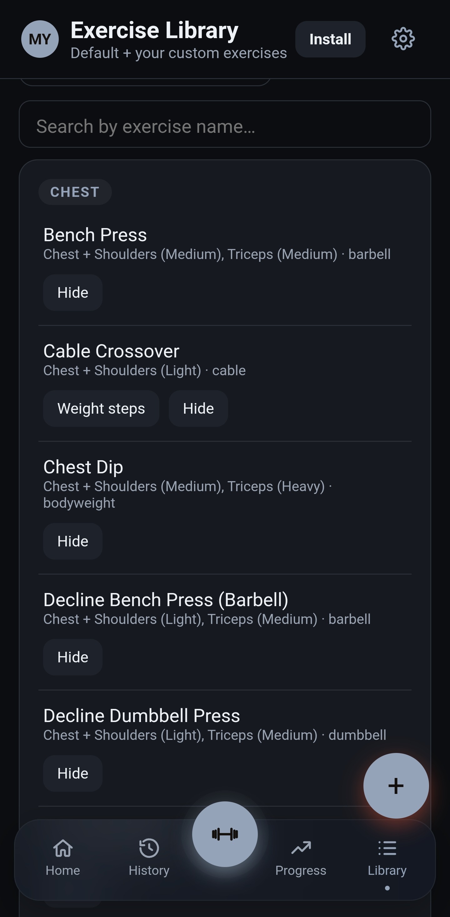 Exercise Library screen — Bench Press, Cable Crossover, Chest Dip and more, each labeled with primary and secondary muscles and how heavily each secondary muscle is worked
