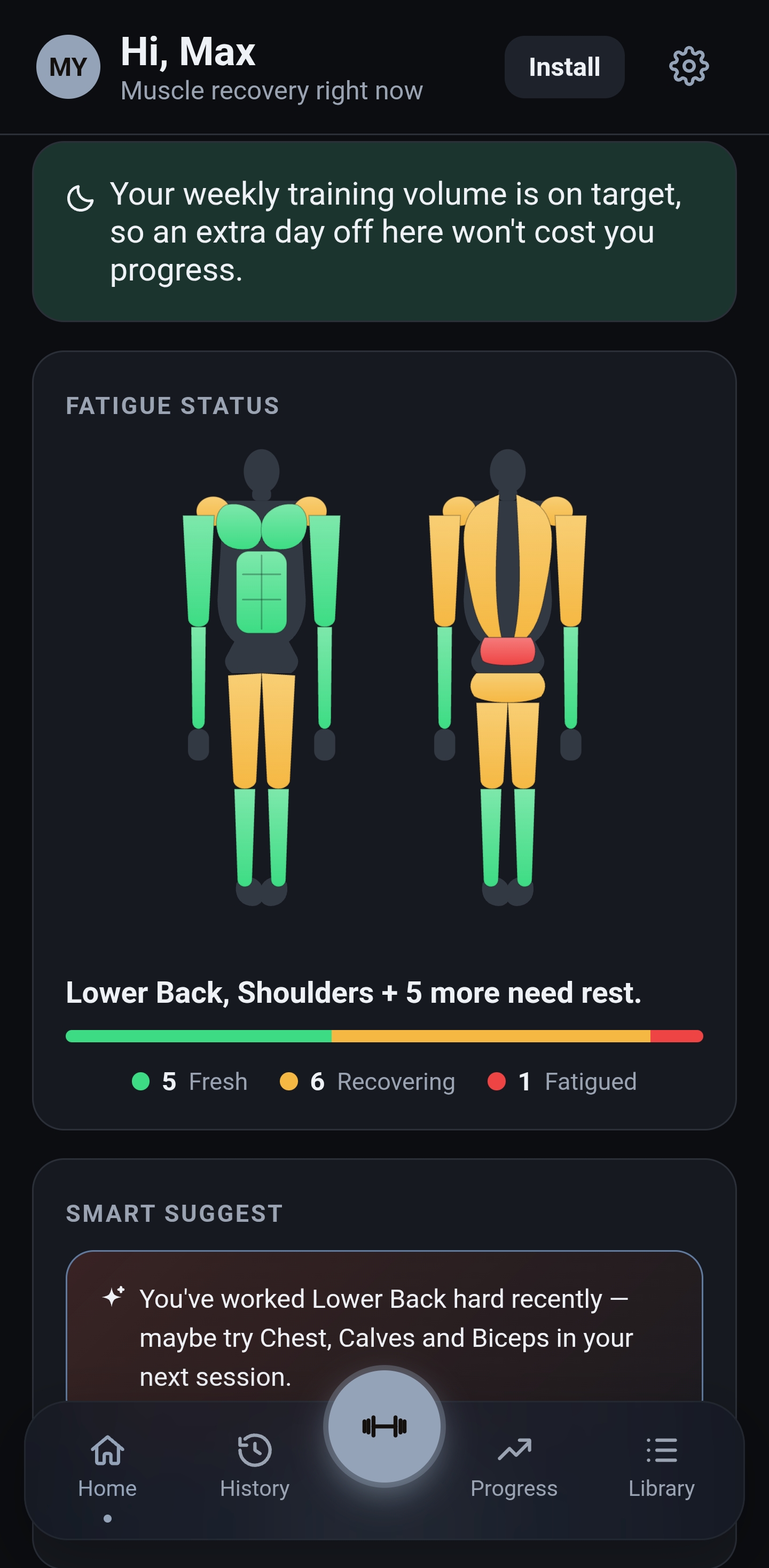 Fatigue status body diagram — Lower Back, Shoulders and five more still recovering, with a Smart Suggest card recommending Chest, Calves and Biceps next