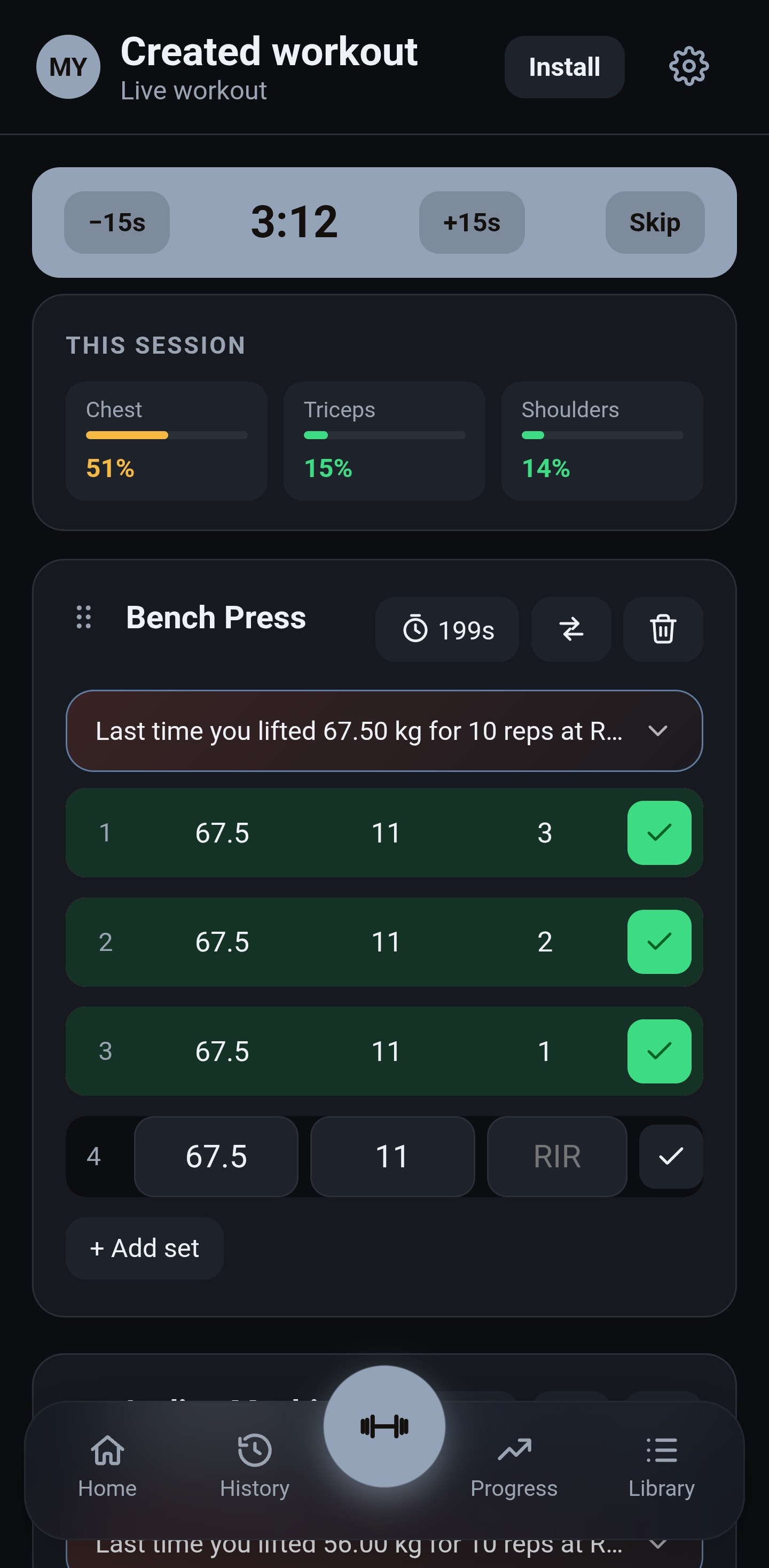 Live workout screen mid-session — Bench Press with a 3:12 rest timer counting down, sets logged at the suggested 67.5 kg × 11 reps target generated from last session's numbers