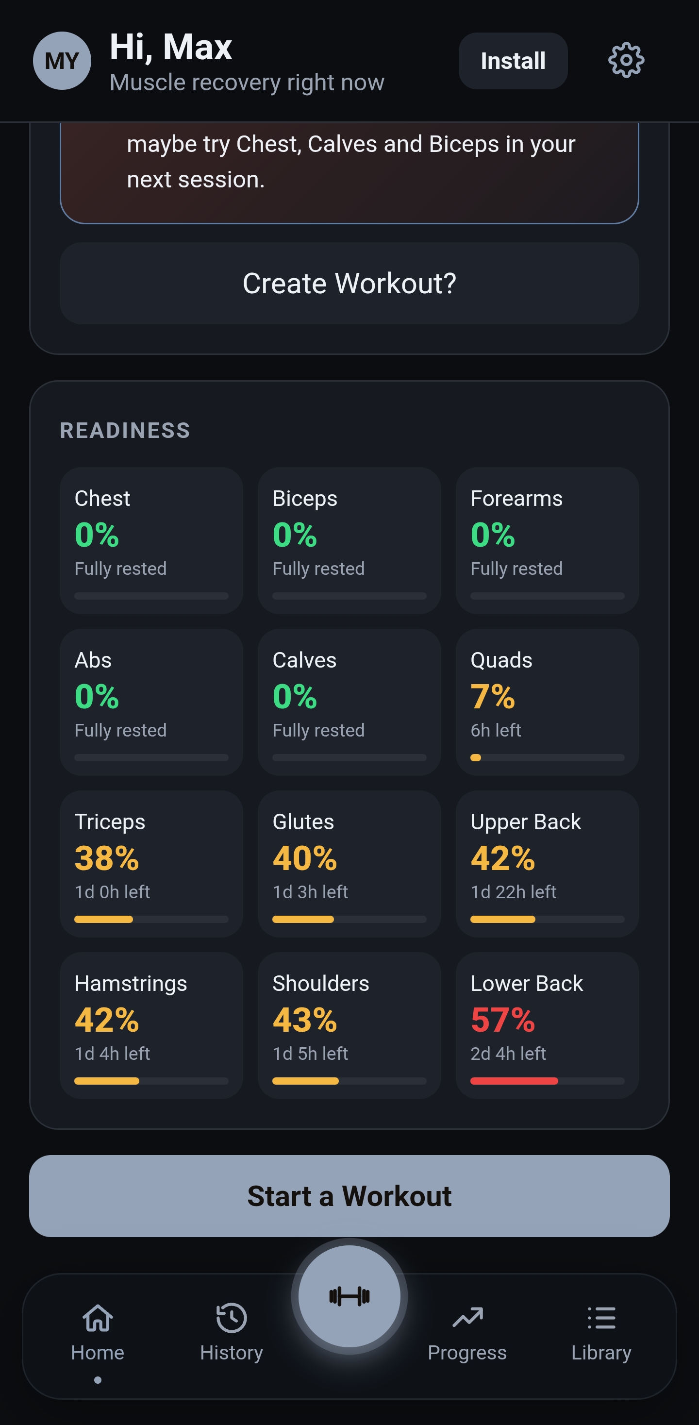 MYPertrophy dashboard — full readiness grid for all 12 muscle groups, five fully rested, Quads just starting to recover at 7%, Lower Back the most fatigued at 57%, live from a real account